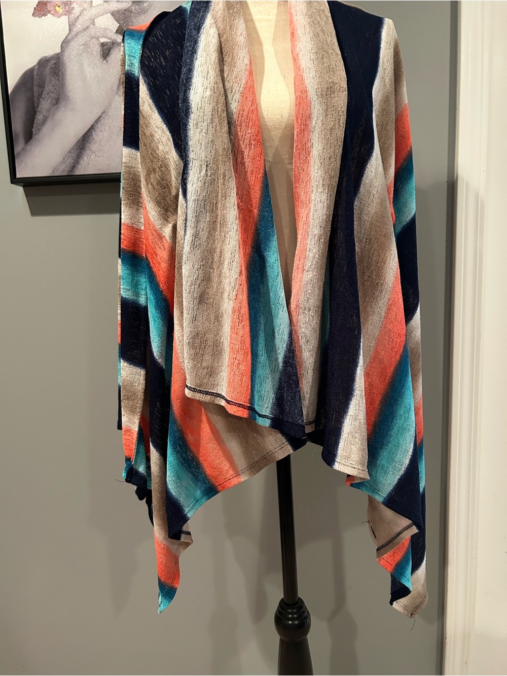 Boston Proper Striped Light Waterfall Sweater in Navy, Teal, Coral, Cream